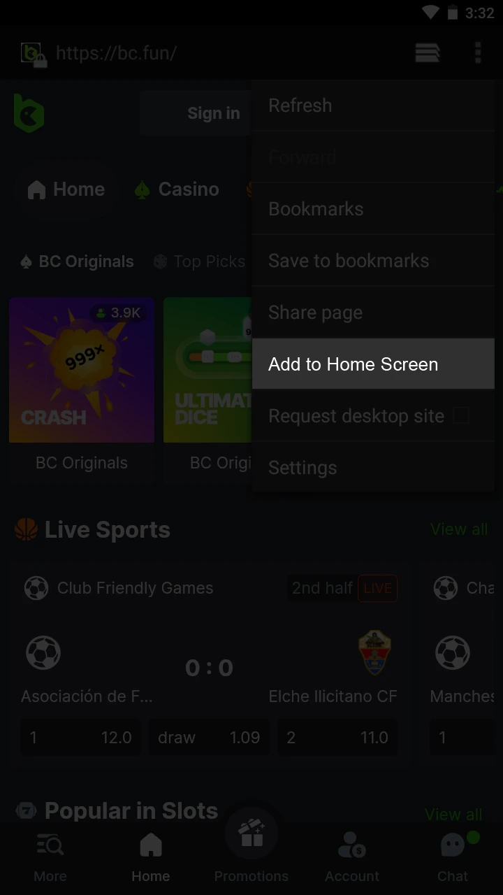 Add the BC.Game to the home screen.