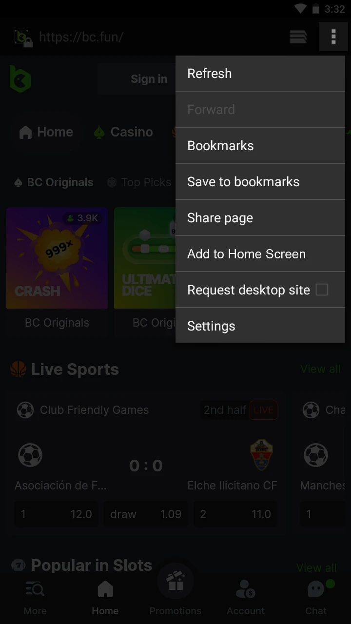 Open your browser menu to add the BC.Game icon to your home screen.