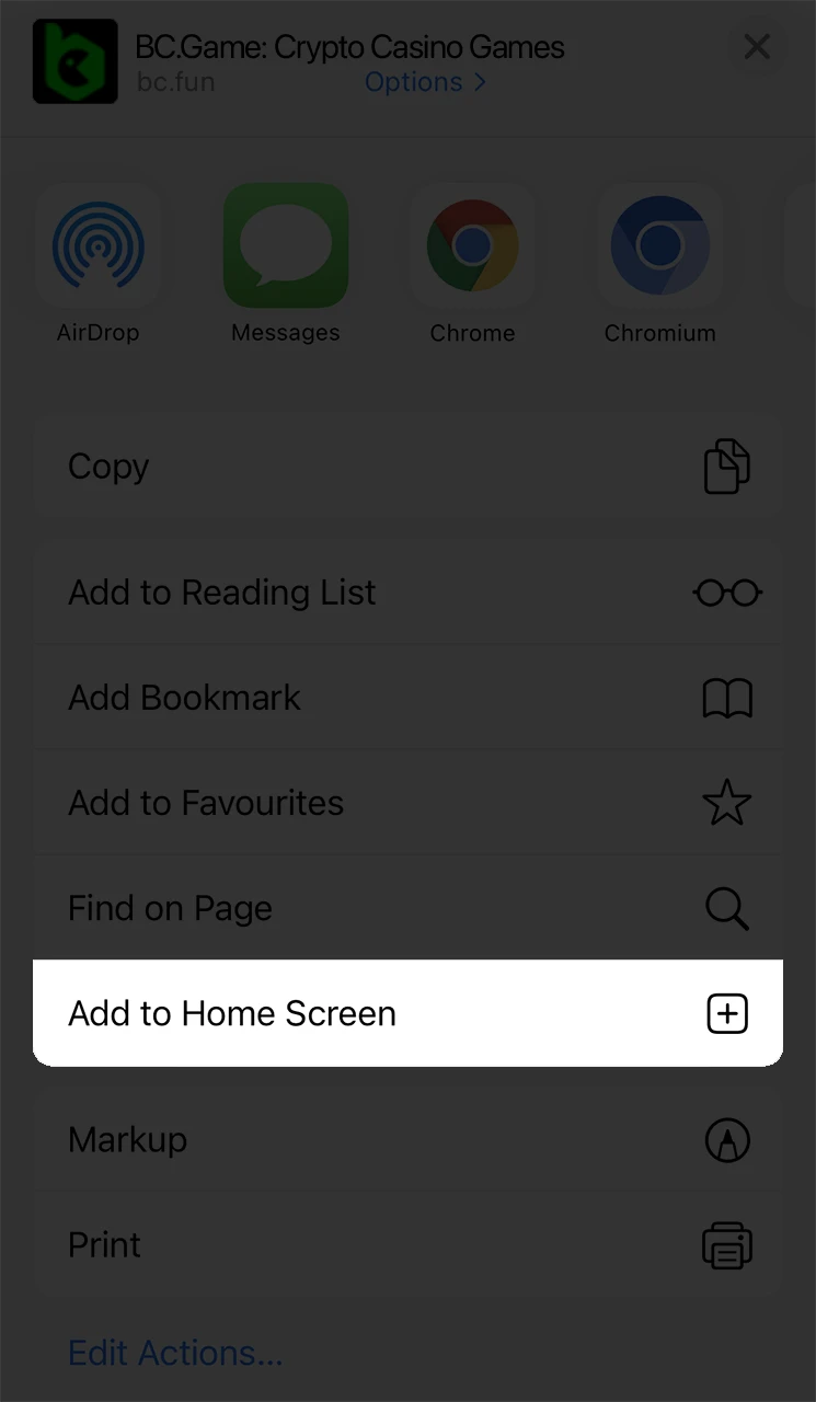 Select the Add to Home Screen option to create a BC.Game icon.