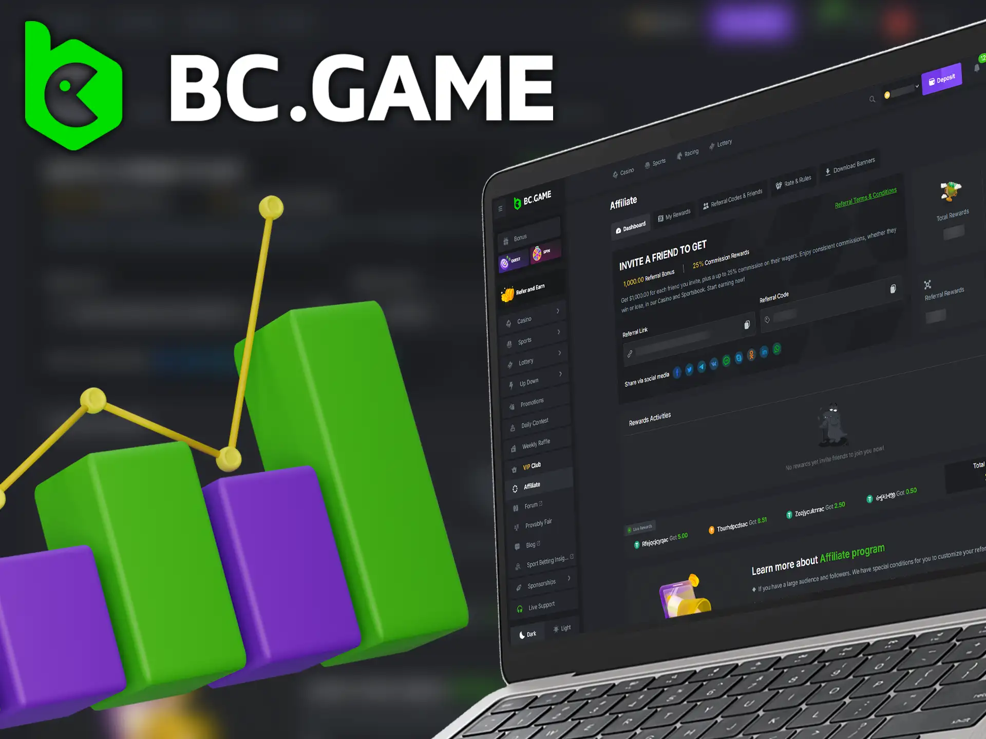 BC Game's affiliate dashboard gives you a complete overview of your performance metrics.