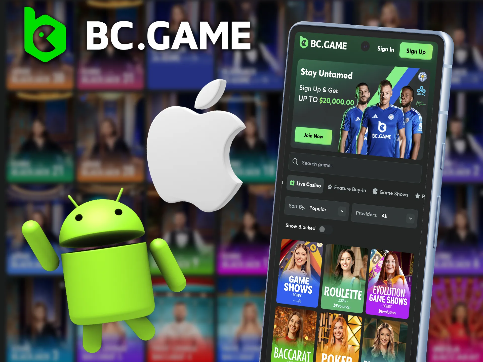 Play live casino games via BC Game mobile app.