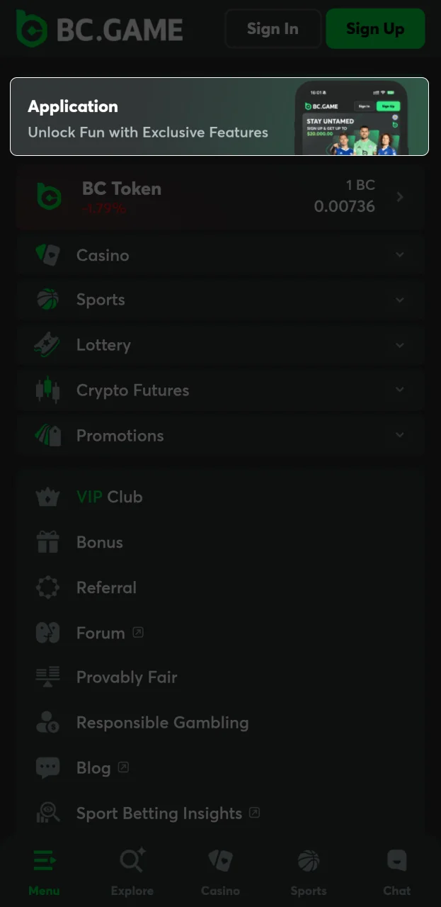 Click on the banner with the application on the BC Game website.